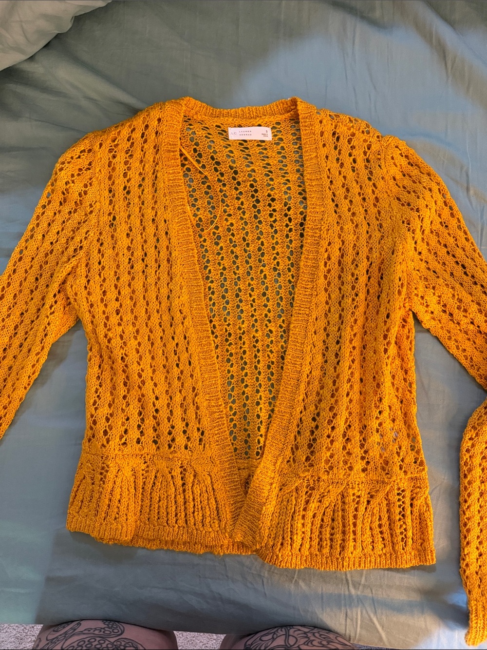 LC Lauren Conrad Mustard Open-Front Crochet Cardigan